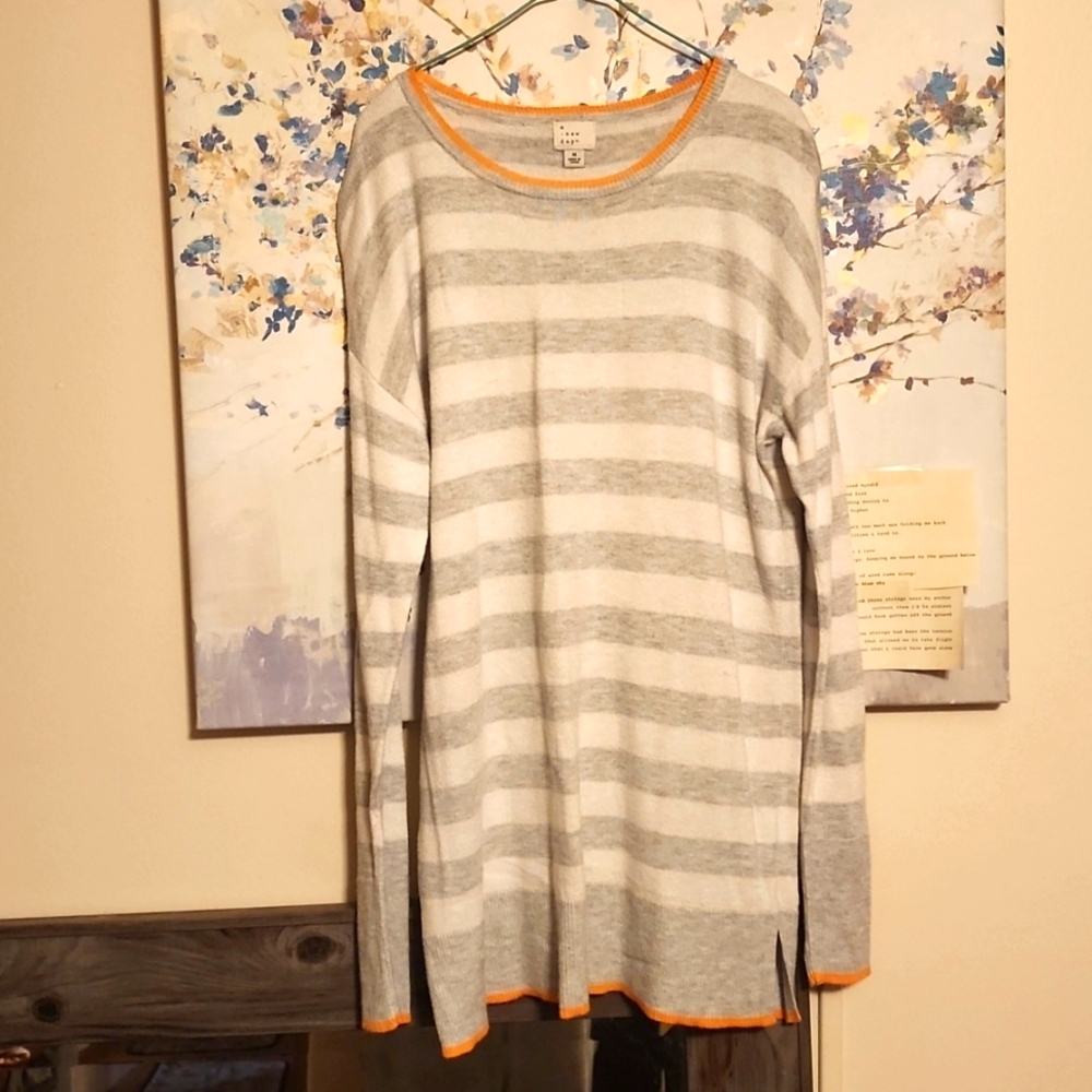 A New Day gray & white striped Sweater with orange stripe.